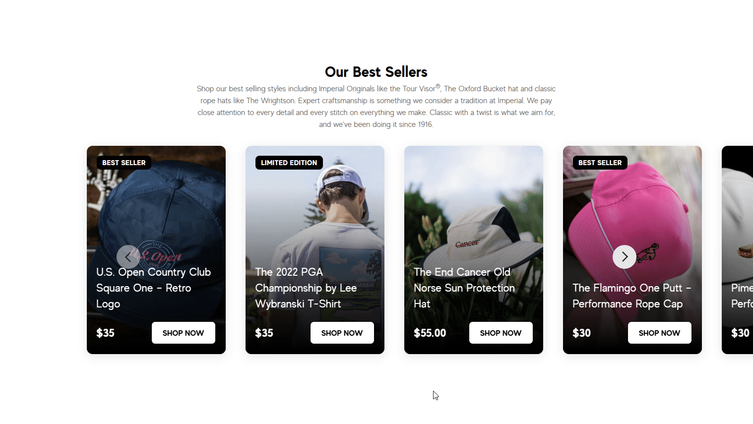 A GIF showing a carousel of product cards that responds to hover, and swipes with touch or arrow controls.