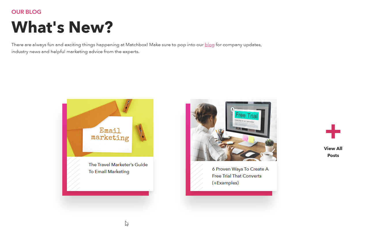 A GIF showing off hover effects for the blog. The pink and white layers of the card seem to separate and come toward the viewer on hover, with drop shadows supporting the false-depth effect.
