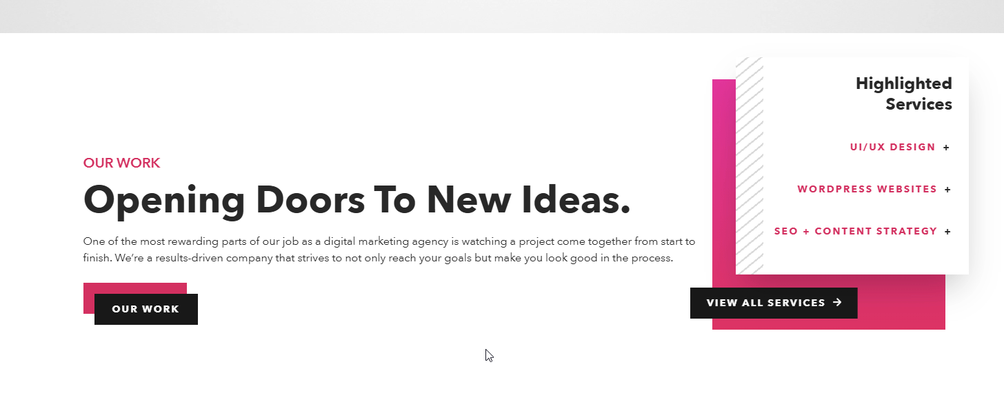 A GIF showing off hover effects, like black buttons with a separate pink backround box that collapses behind the black on hover.