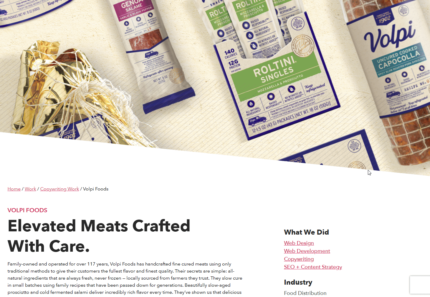 A scroll-through of the layout for a project case study page, including hex swatches, statistics, an image carousel, and more.