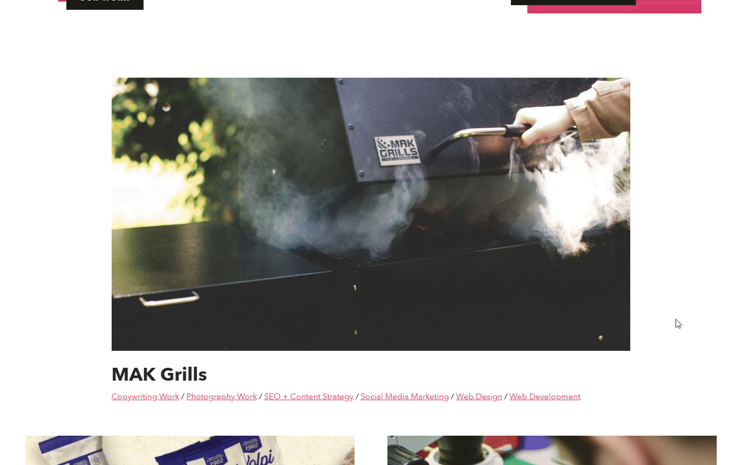 A GIF showing off hover effects, like large images that shift grayscale and project up a separate pink overlay box when hovered.