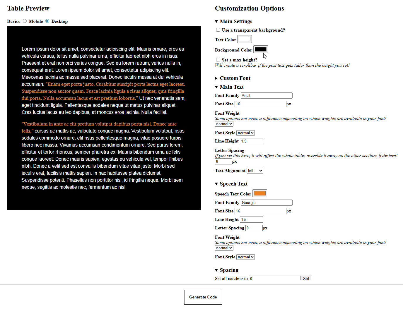 An animated GIF showing the basic layout and functionality of the table generator