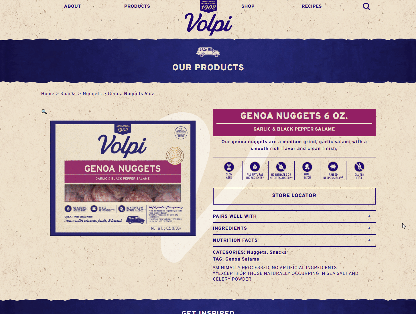 A GIF of the product page for Volpi's cured meat, showing descriptive icons and clean organized accordions for product info.